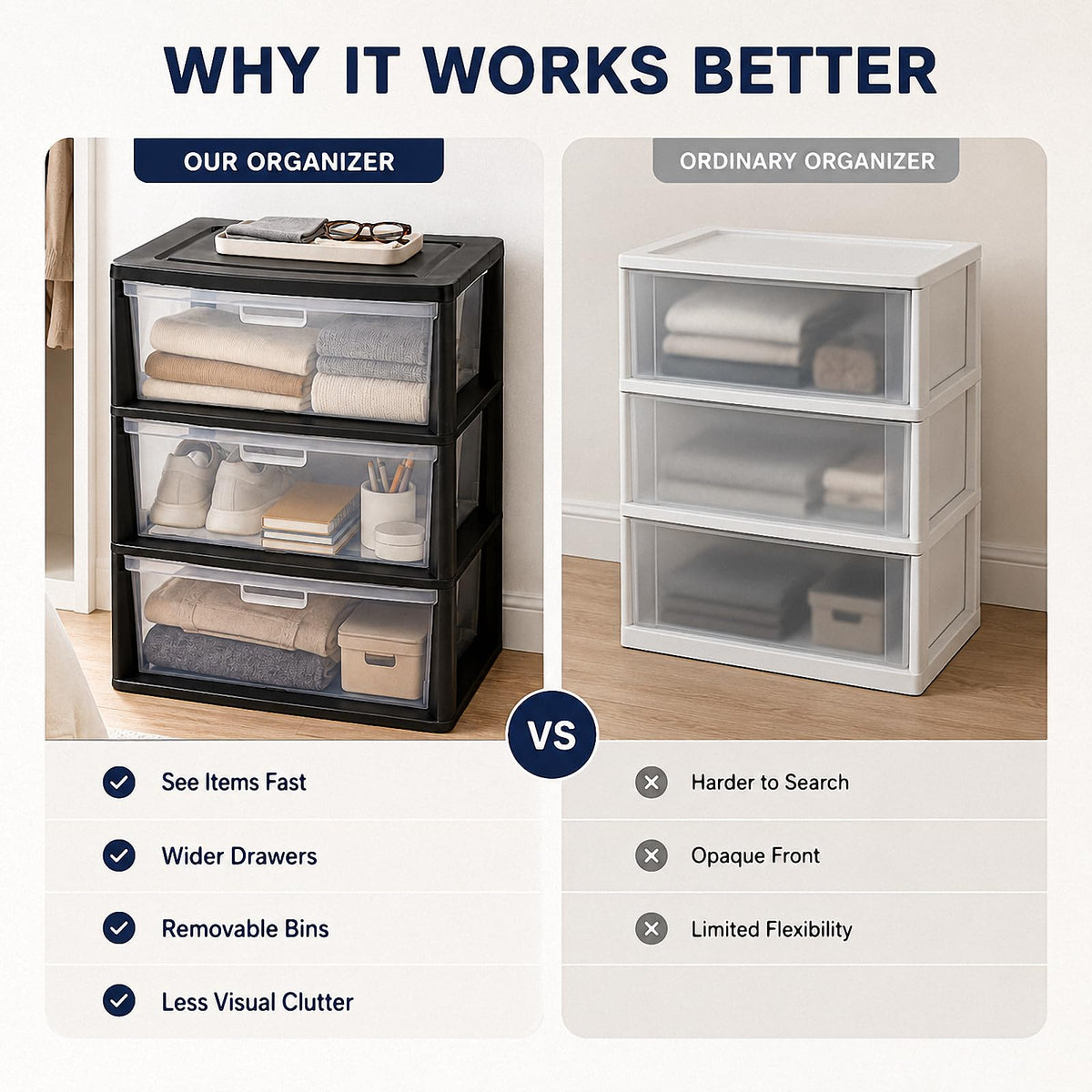 Black 3 Drawer Plastic Storage Tower X3900