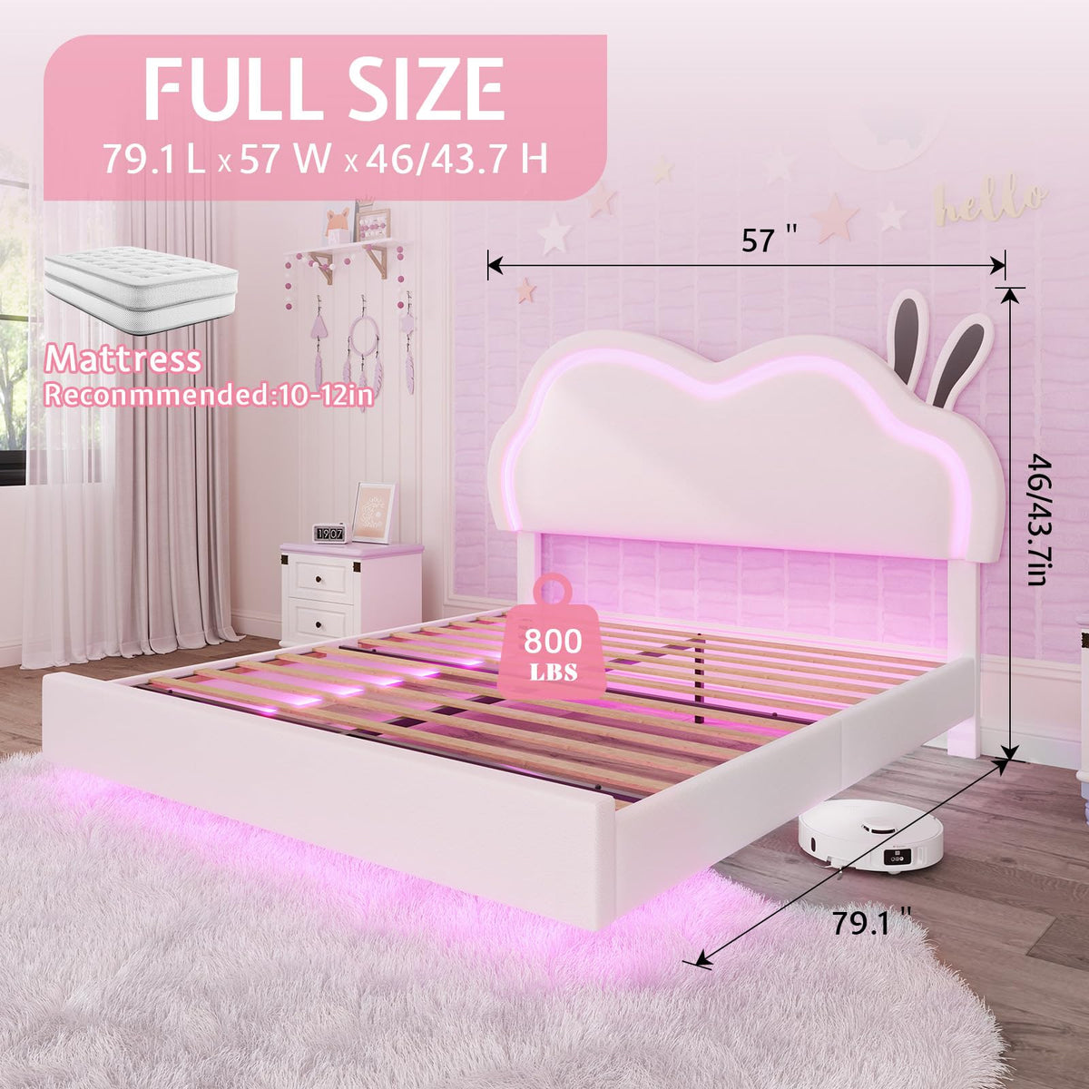 White Full Floating Bed Frame with Adjustable Headboard D27360