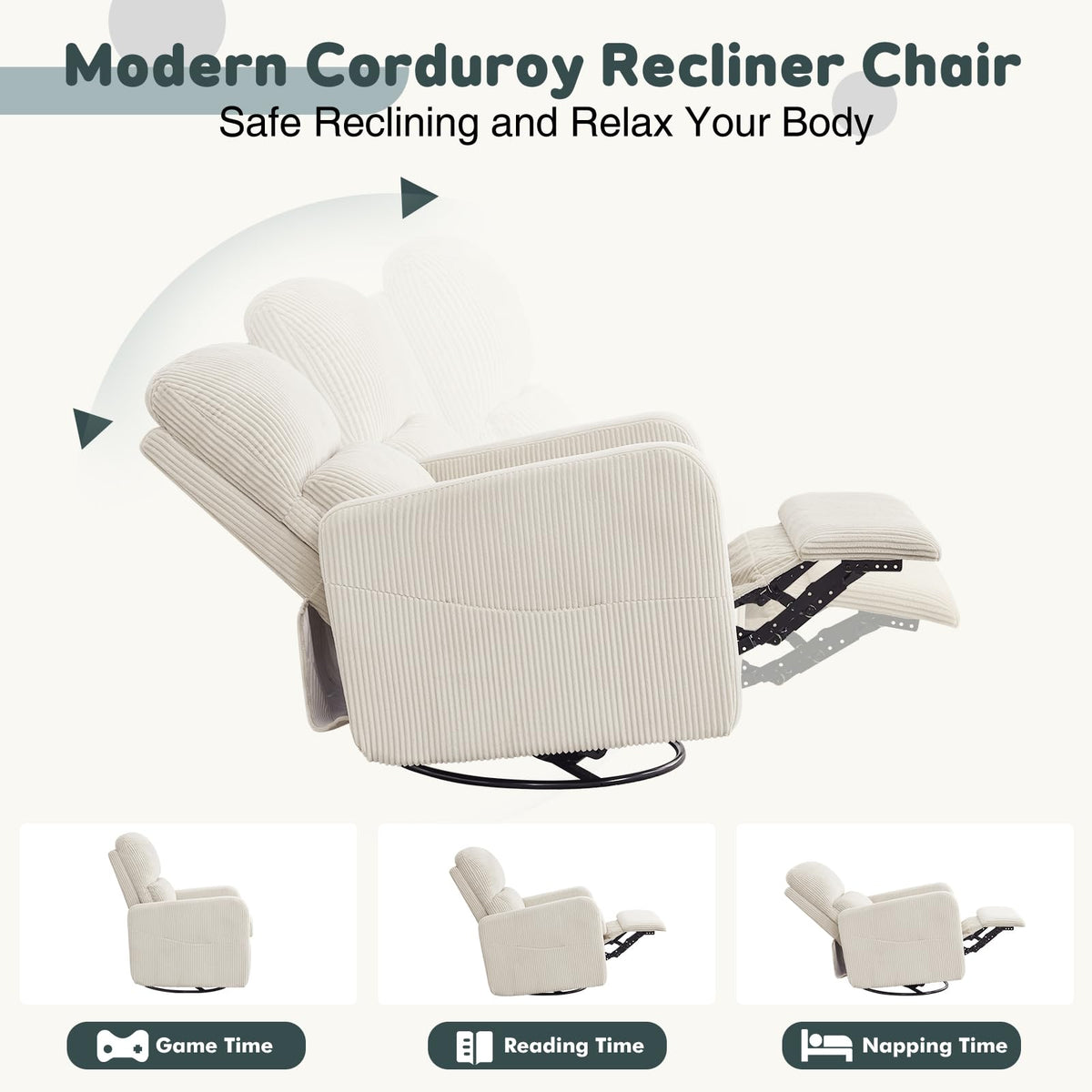 Oversized Corduroy Swivel Rocker Recliner Chair F717