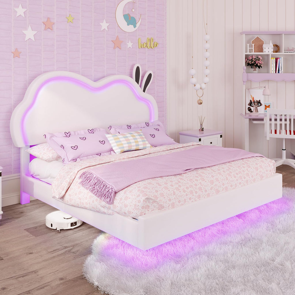 White Full Floating Bed Frame with Adjustable Headboard D27360