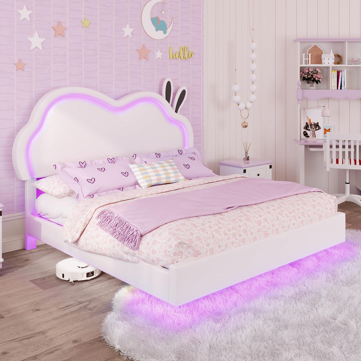 White Full Floating Bed Frame with Adjustable Headboard D27360