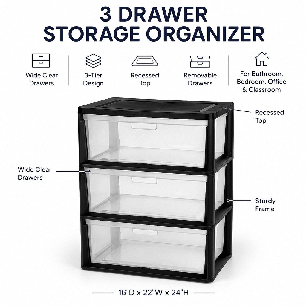Black 3 Drawer Plastic Storage Tower X3900
