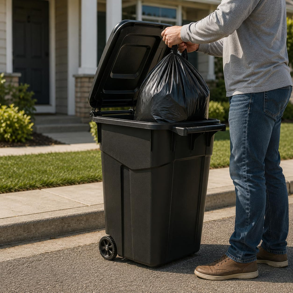 45 Gallon Black Outdoor Trash Can with Wheels and Attached Lid P902