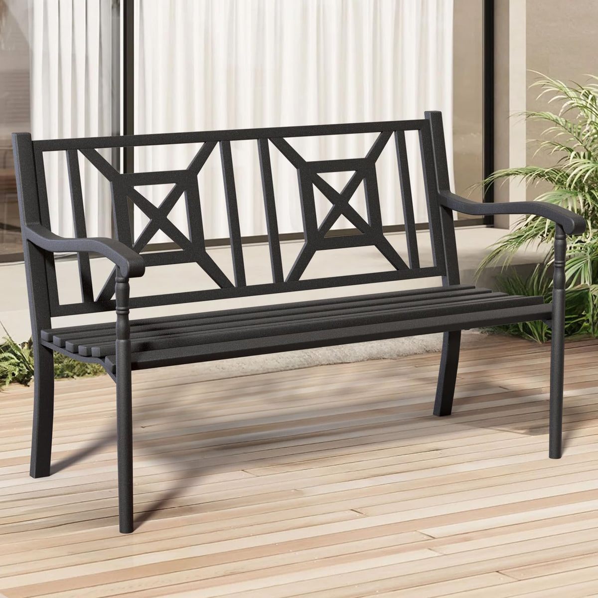 50.5" Metal Patio Bench with Lattice Backrest J6919