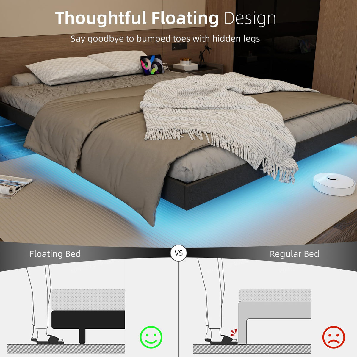 Black Floating Upholstered Platform Bed Frame Full Size with LED Lights and Charging Station N6280