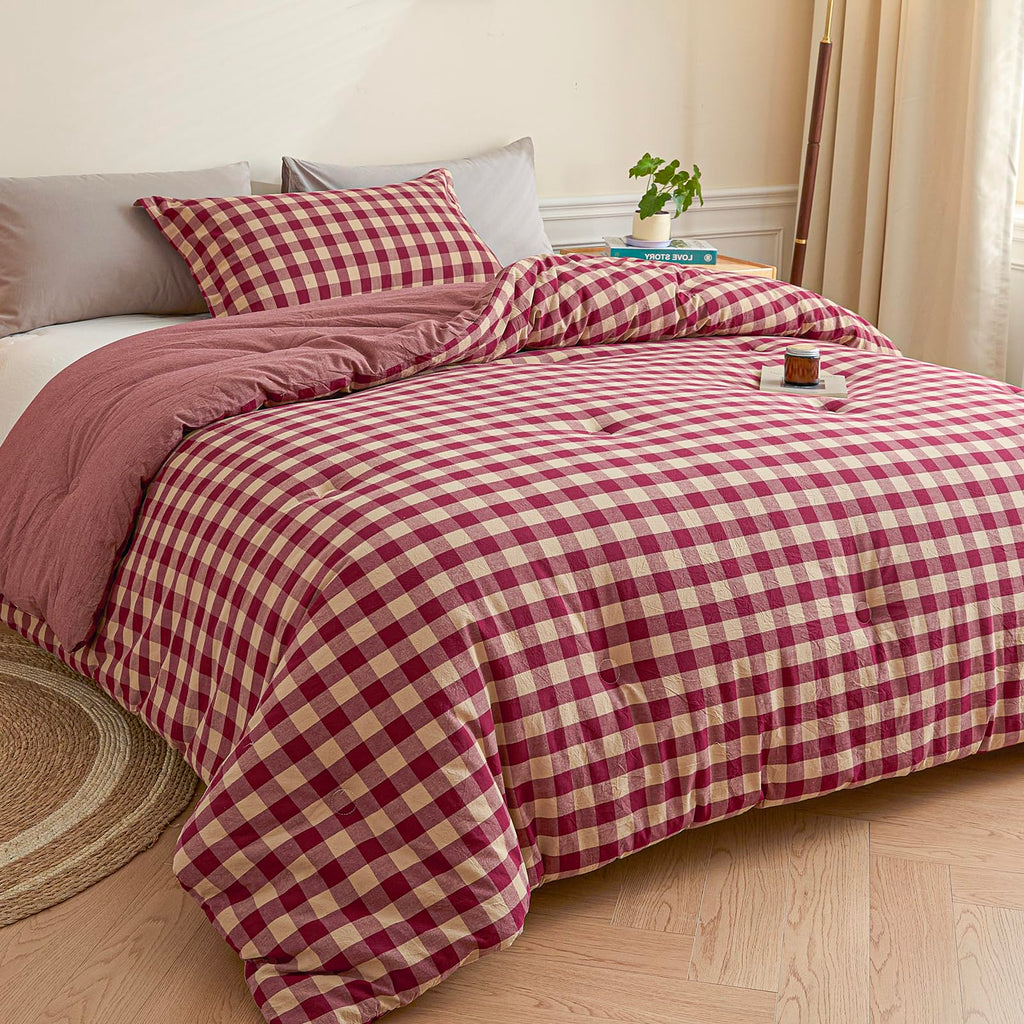 Cotton Plaid King Comforter Set 3 Pieces with 2 Pillow Shams D6125