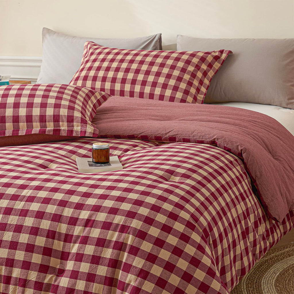 Cotton Plaid King Comforter Set 3 Pieces with 2 Pillow Shams D6125