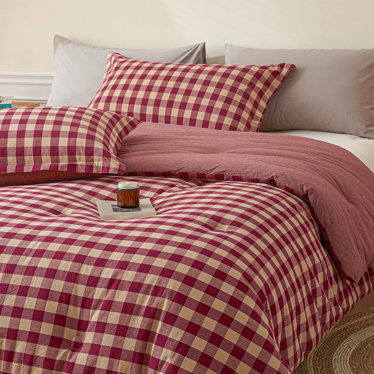 Cotton Plaid King Comforter Set 3 Pieces with 2 Pillow Shams D6125