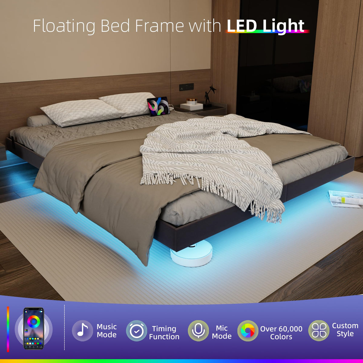Black Floating Upholstered Platform Bed Frame Full Size with LED Lights and Charging Station N6280