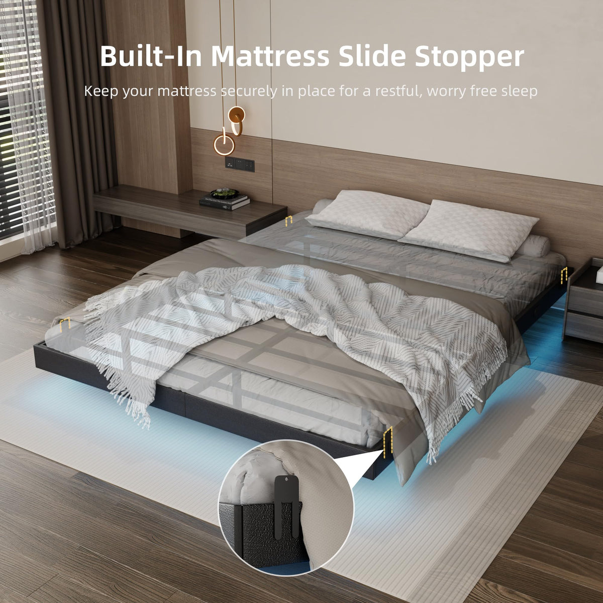 Black Floating Upholstered Platform Bed Frame Full Size with LED Lights and Charging Station N6280