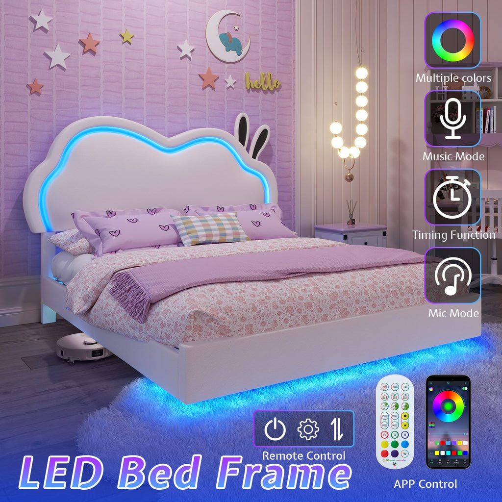 White Full Floating Bed Frame with Adjustable Headboard D27360