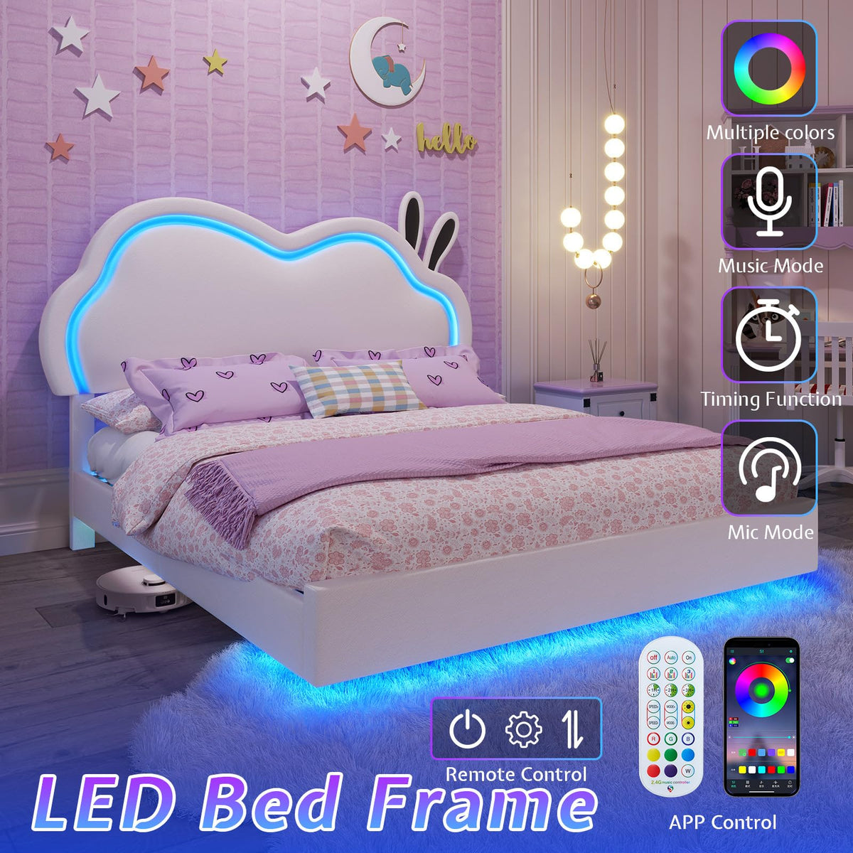 White Full Floating Bed Frame with Adjustable Headboard D27360