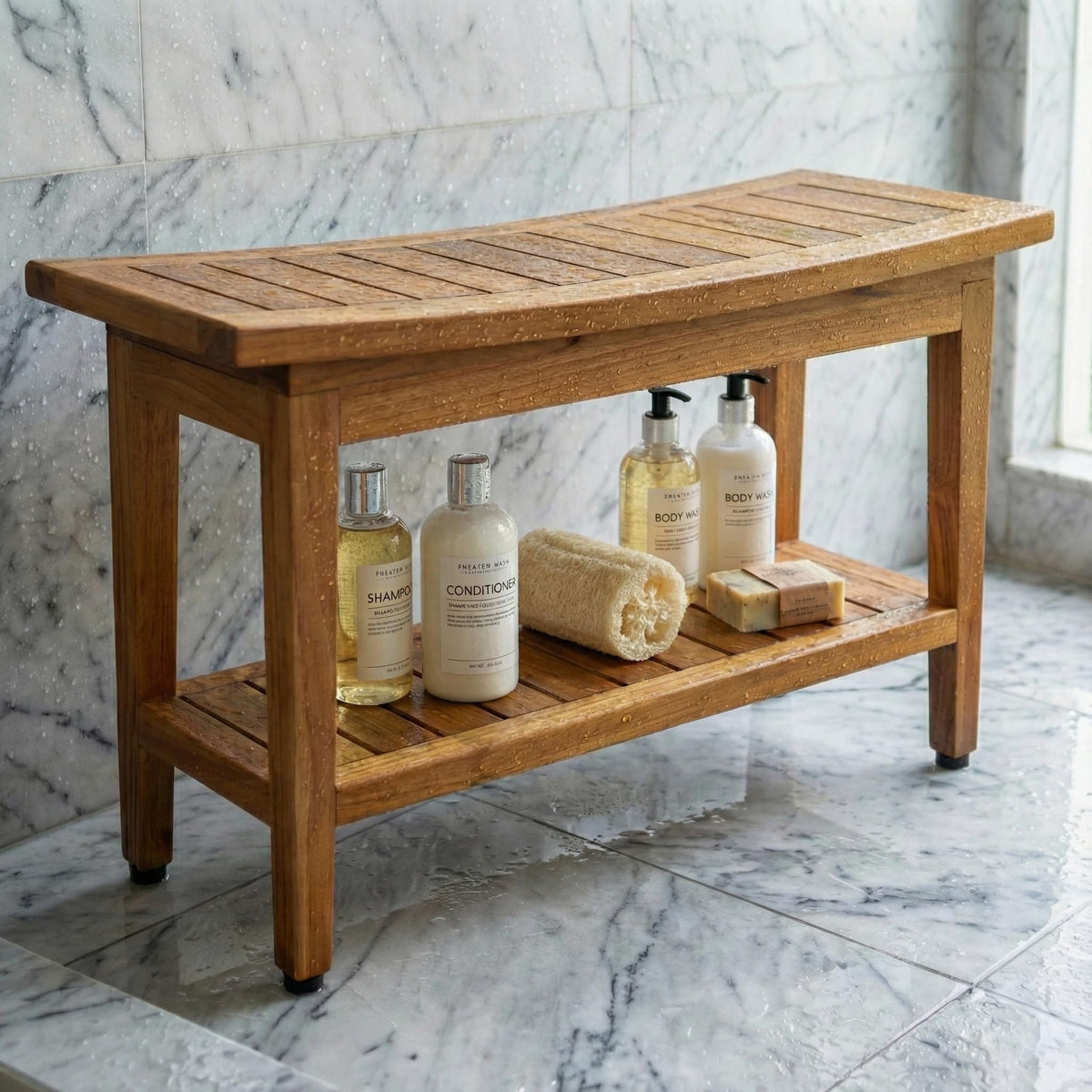 30" Teak Shower Bench with Shelf M9445