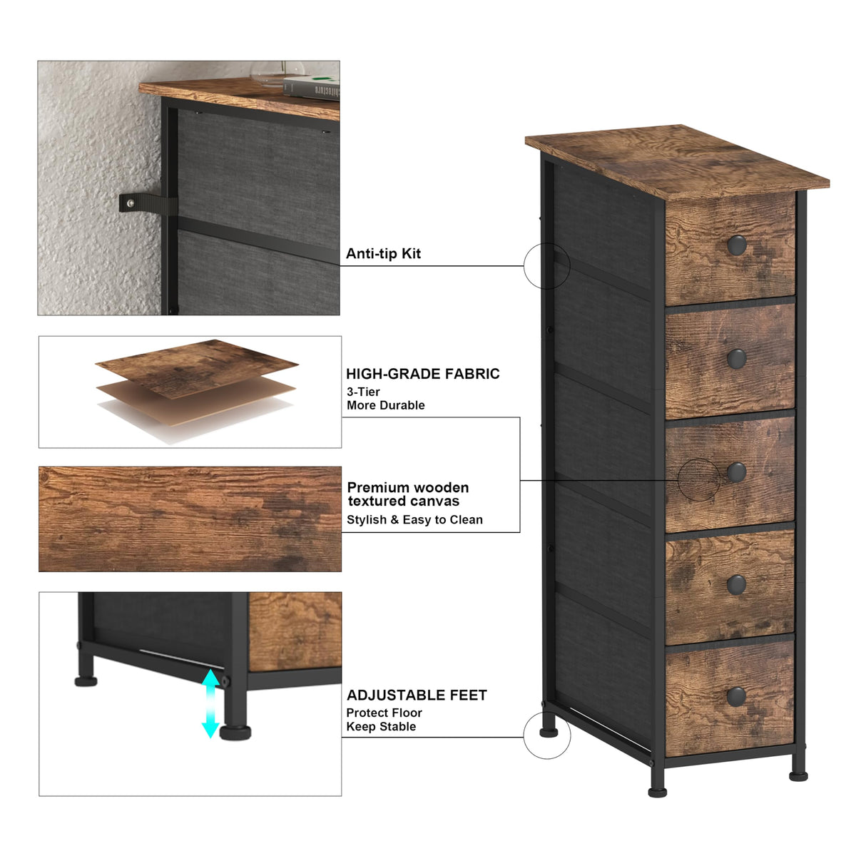 Narrow 5 Drawers Fabric Dresser C5833