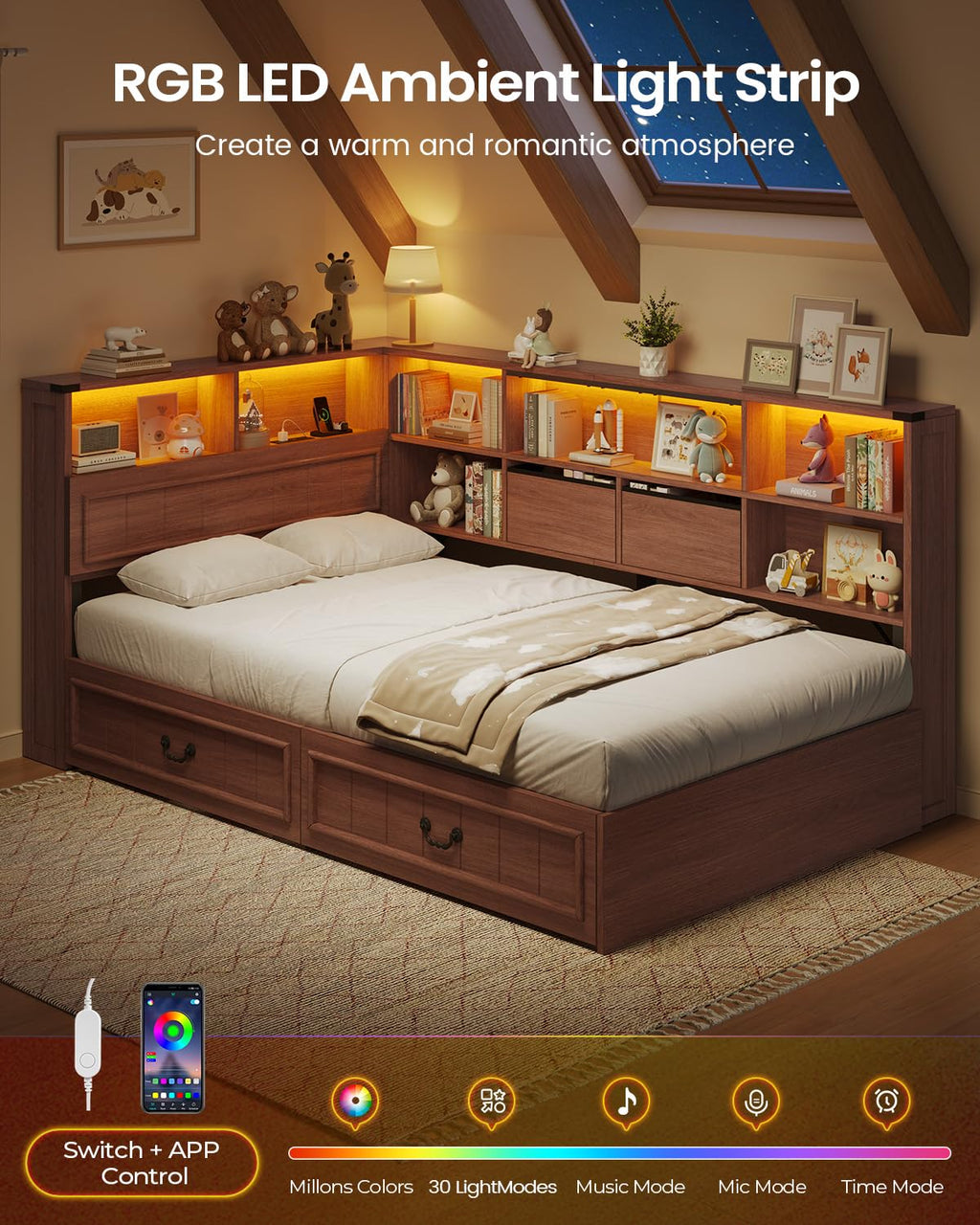 Twin Corner Bed Frame with Storage Drawers and Bookcase U644276