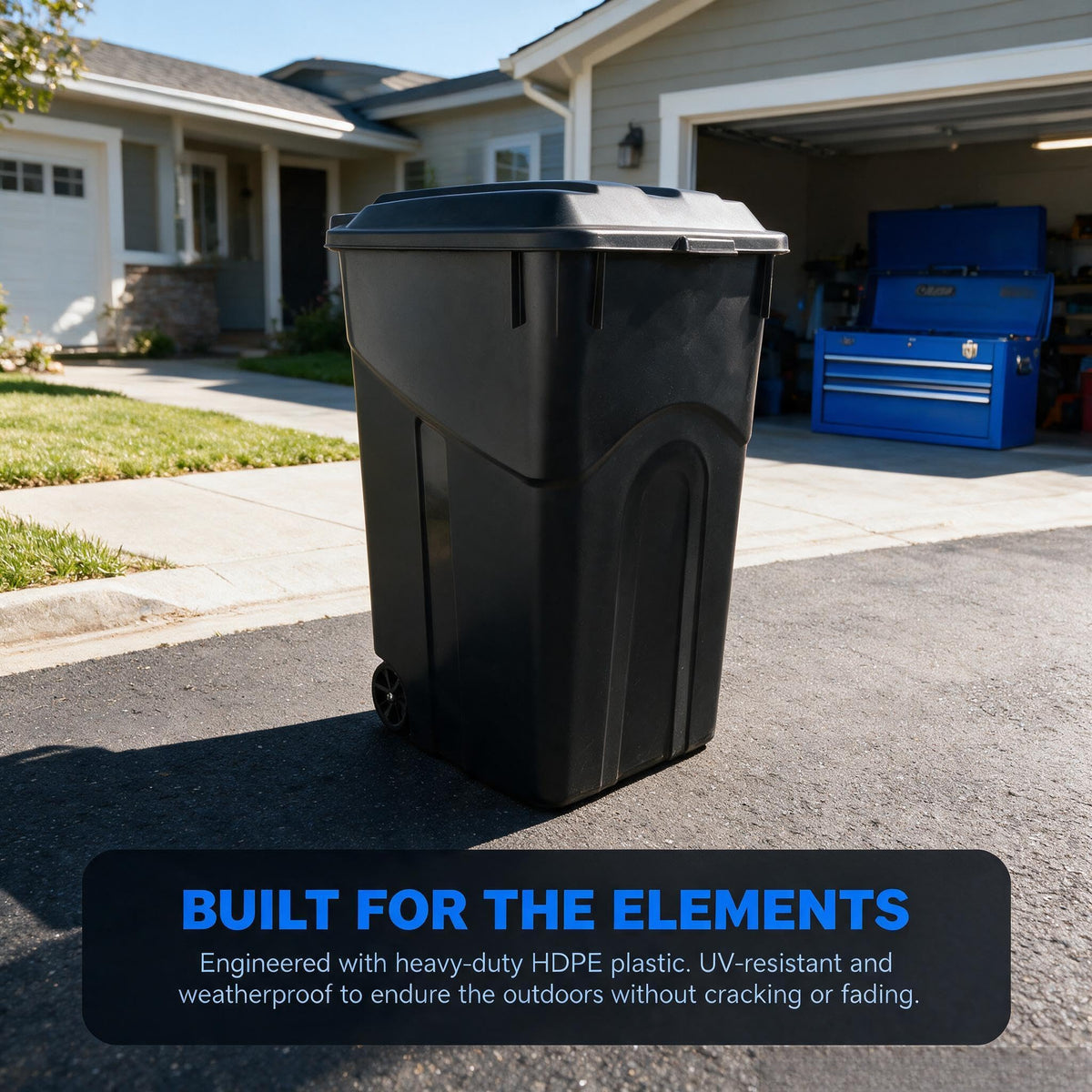 45 Gallon Black Outdoor Trash Can with Wheels and Attached Lid P902