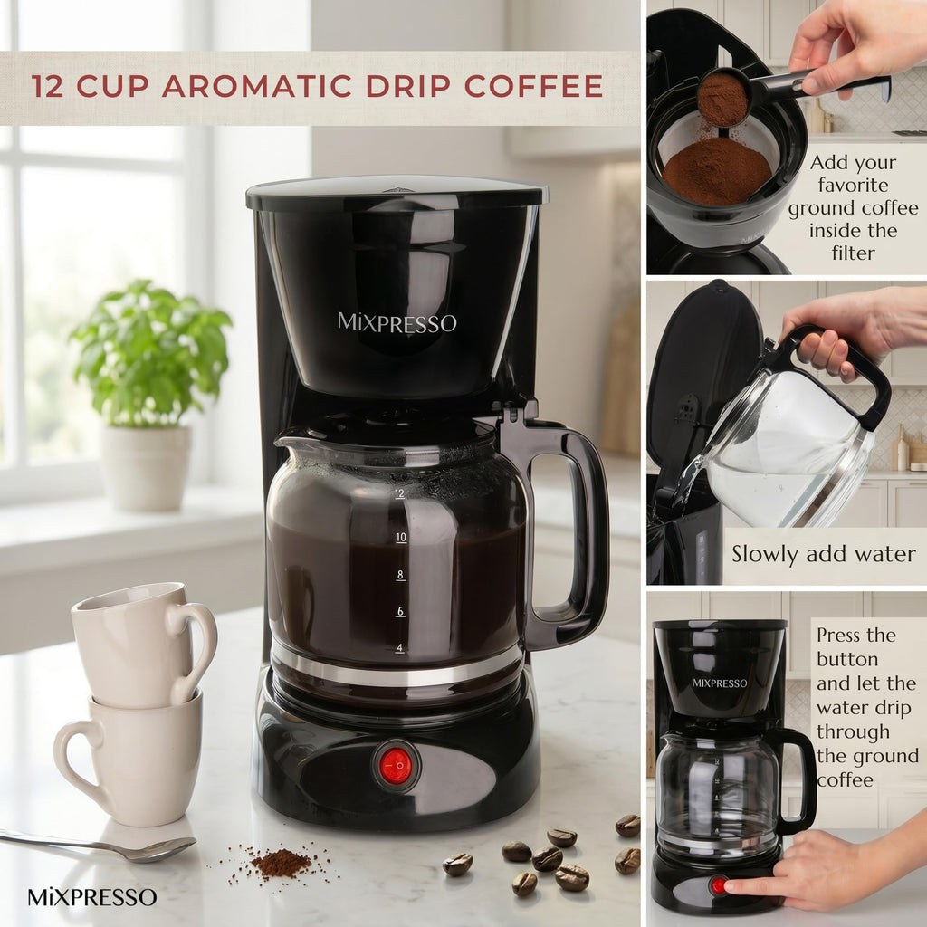 12 Cup Drip Coffee Maker with Reusable Filter, Black O8153