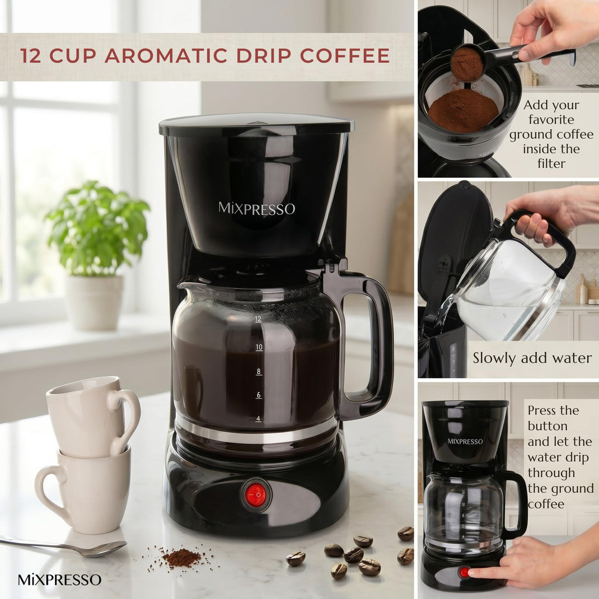 12 Cup Drip Coffee Maker with Reusable Filter, Black O8153