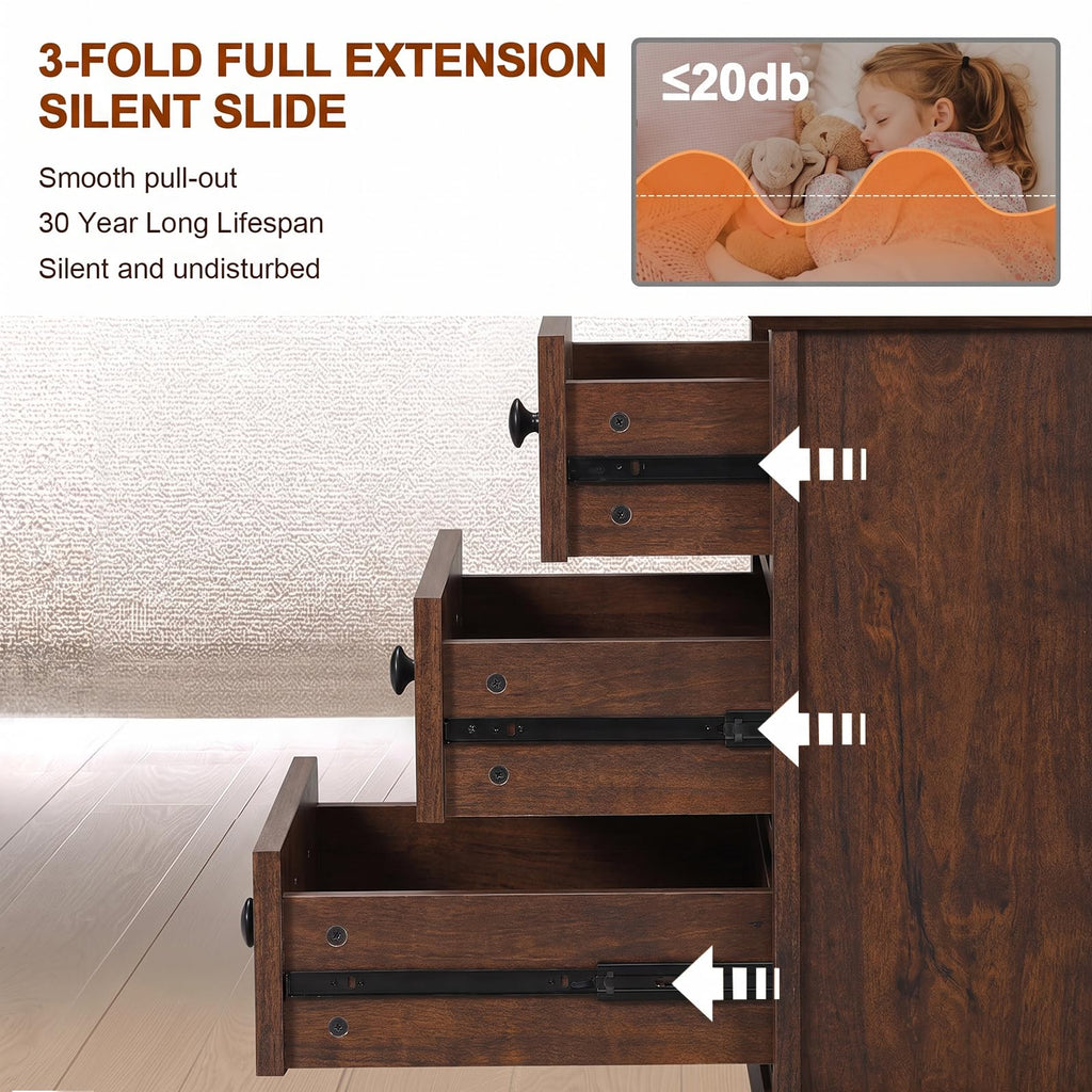 Cherry 3 Drawer Wood Nightstand with Charging Station K627