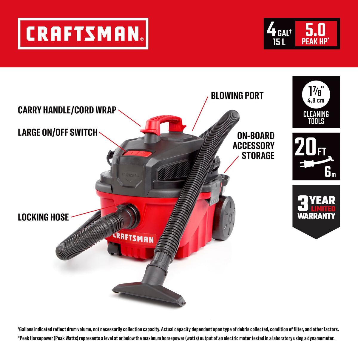 4 Gallon 5.0 Peak HP Wet Dry Shop Vacuum T289938