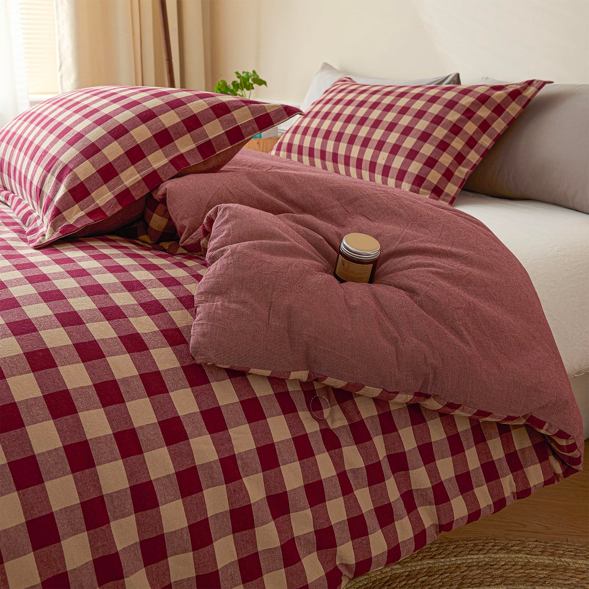 Cotton Plaid King Comforter Set 3 Pieces with 2 Pillow Shams D6125