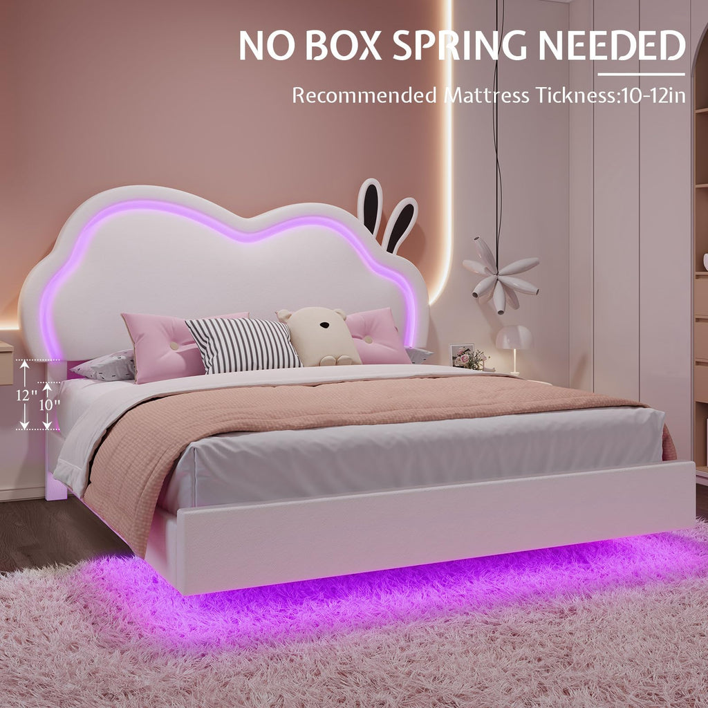 White Full Floating Bed Frame with Adjustable Headboard D27360