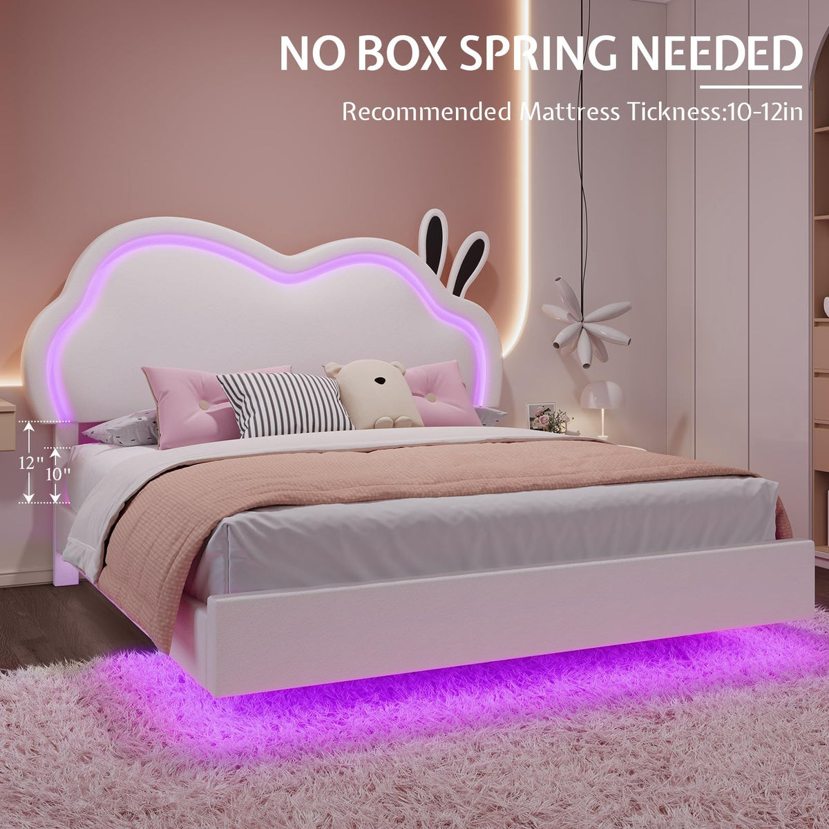 White Full Floating Bed Frame with Adjustable Headboard D27360