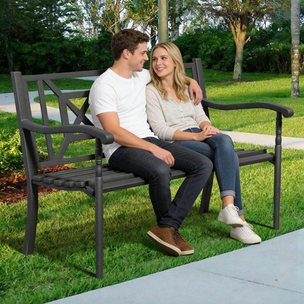 50.5" Metal Patio Bench with Lattice Backrest J6919