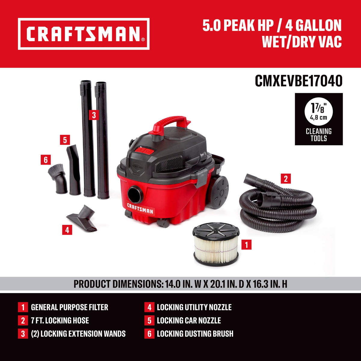 4 Gallon 5.0 Peak HP Wet Dry Shop Vacuum T289938