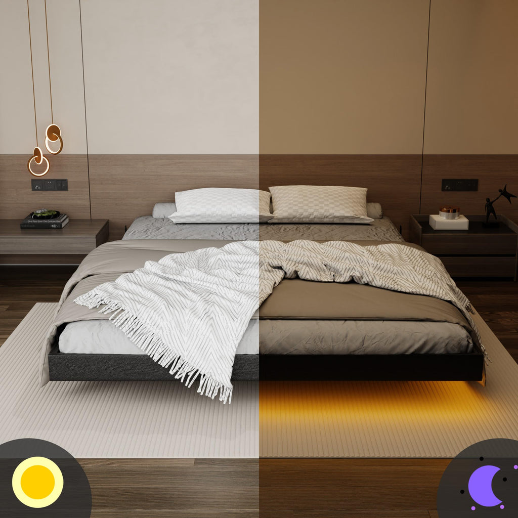 Black Floating Upholstered Platform Bed Frame Full Size with LED Lights and Charging Station N6280