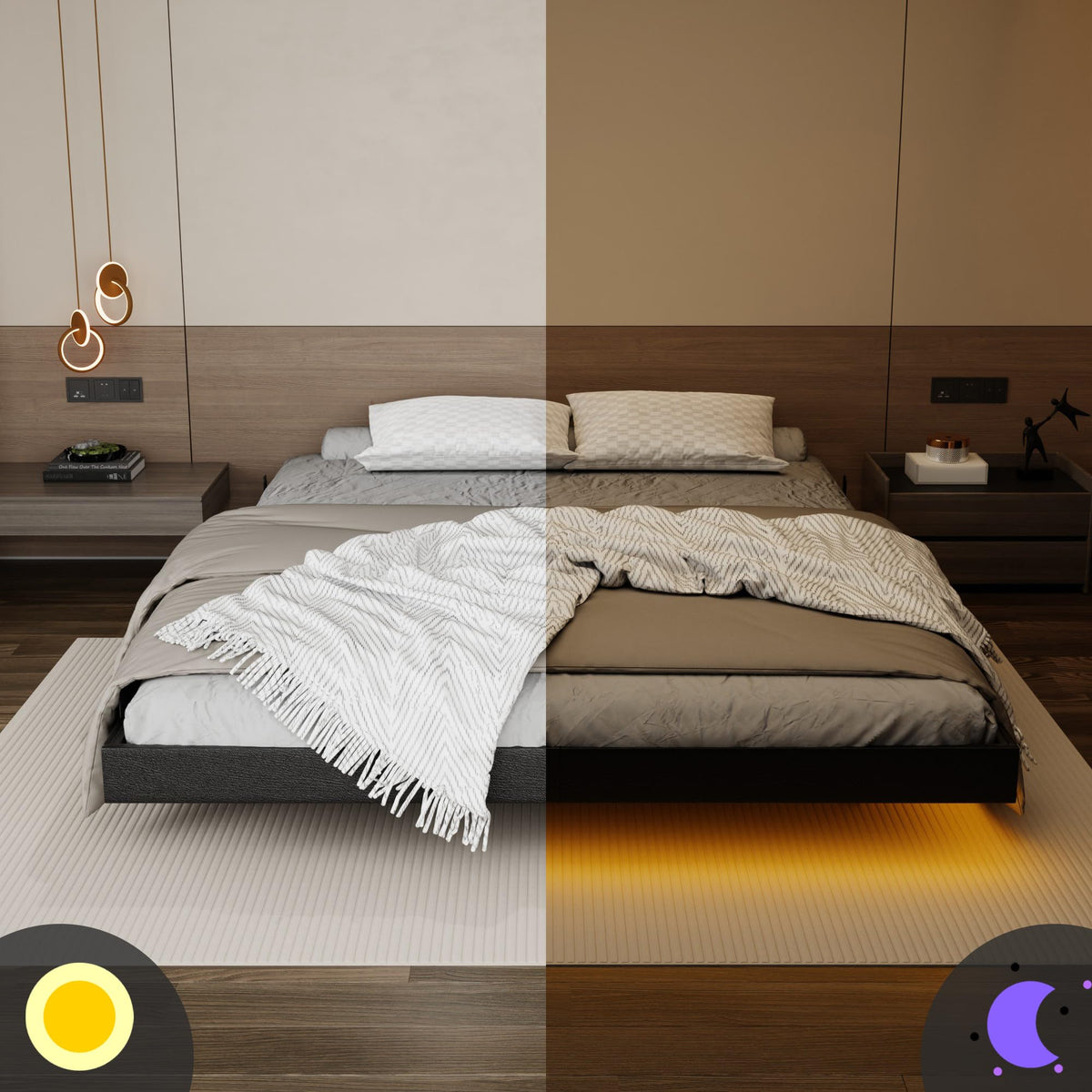 Black Floating Upholstered Platform Bed Frame Full Size with LED Lights and Charging Station N6280