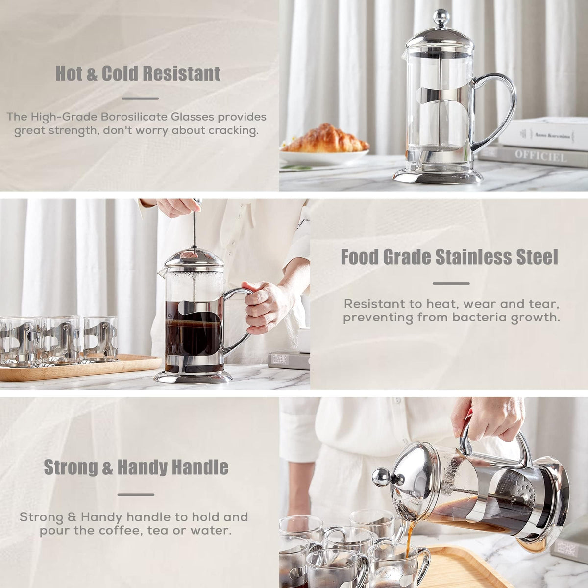 Silver 34oz French Press Coffee Maker with 4-Level Filter System X644
