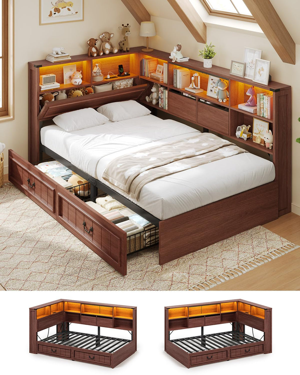 Twin Corner Bed Frame with Storage Drawers and Bookcase U644276