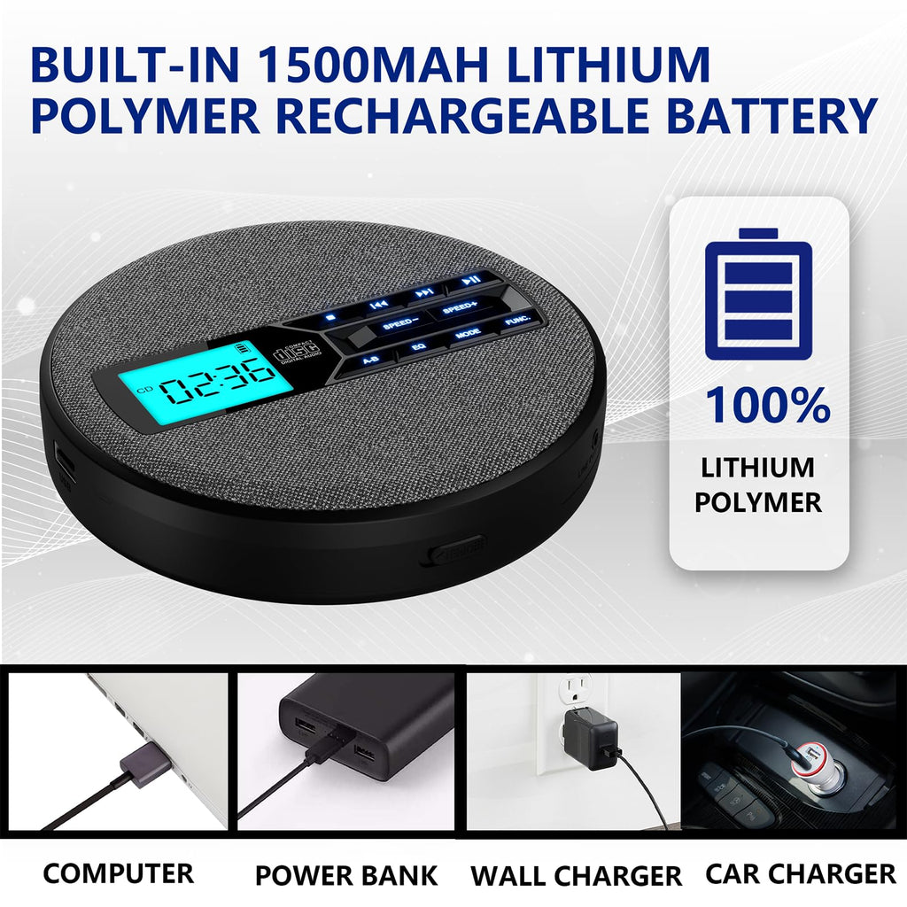 Portable Rechargeable CD Player with Dual Speakers, Black S6587