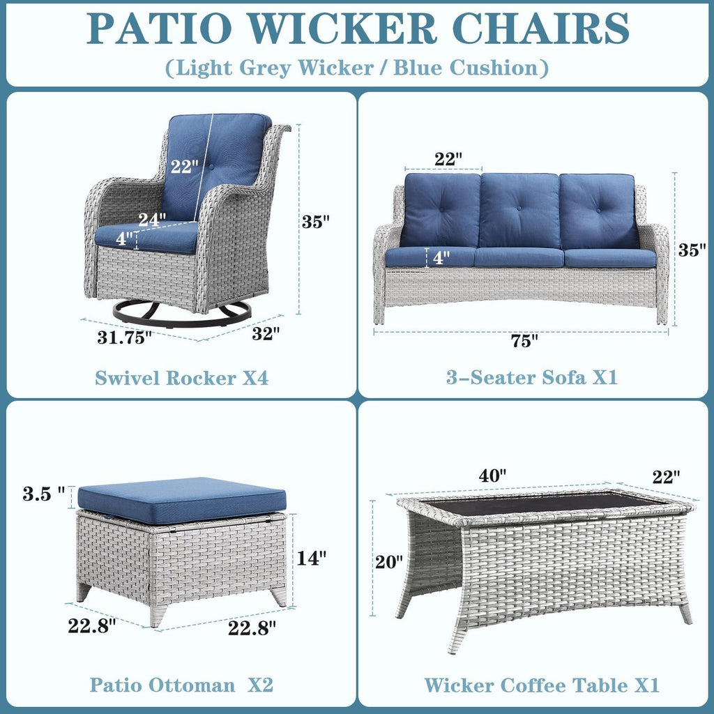 8 Piece Wicker Patio Furniture Set with Swivel Rocker Chairs and Coffee Table N9035