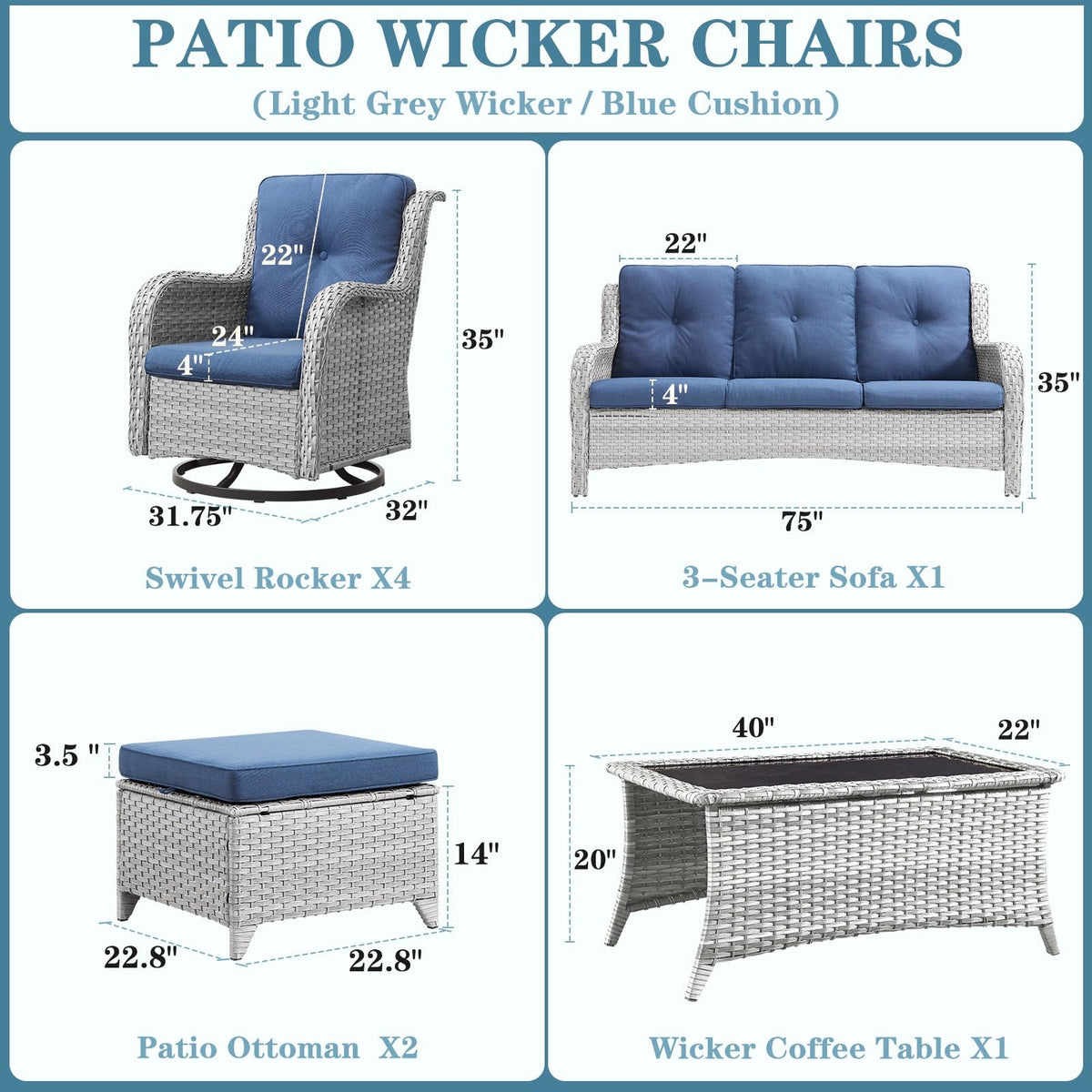 8 Piece Wicker Patio Furniture Set with Swivel Rocker Chairs and Coffee Table N9035