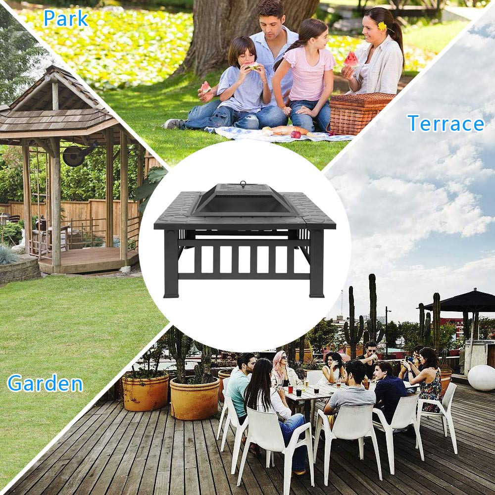 32in Square Metal Wood Burning Fire Pit with Spark Screen D98482