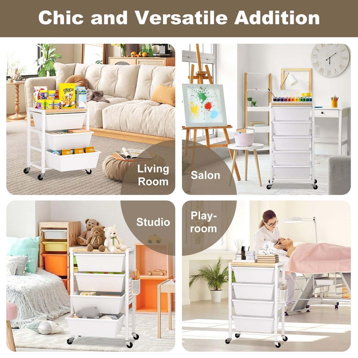 Rolling Storage Cart with 5 Plastic Drawers and Wooden Tabletop E919