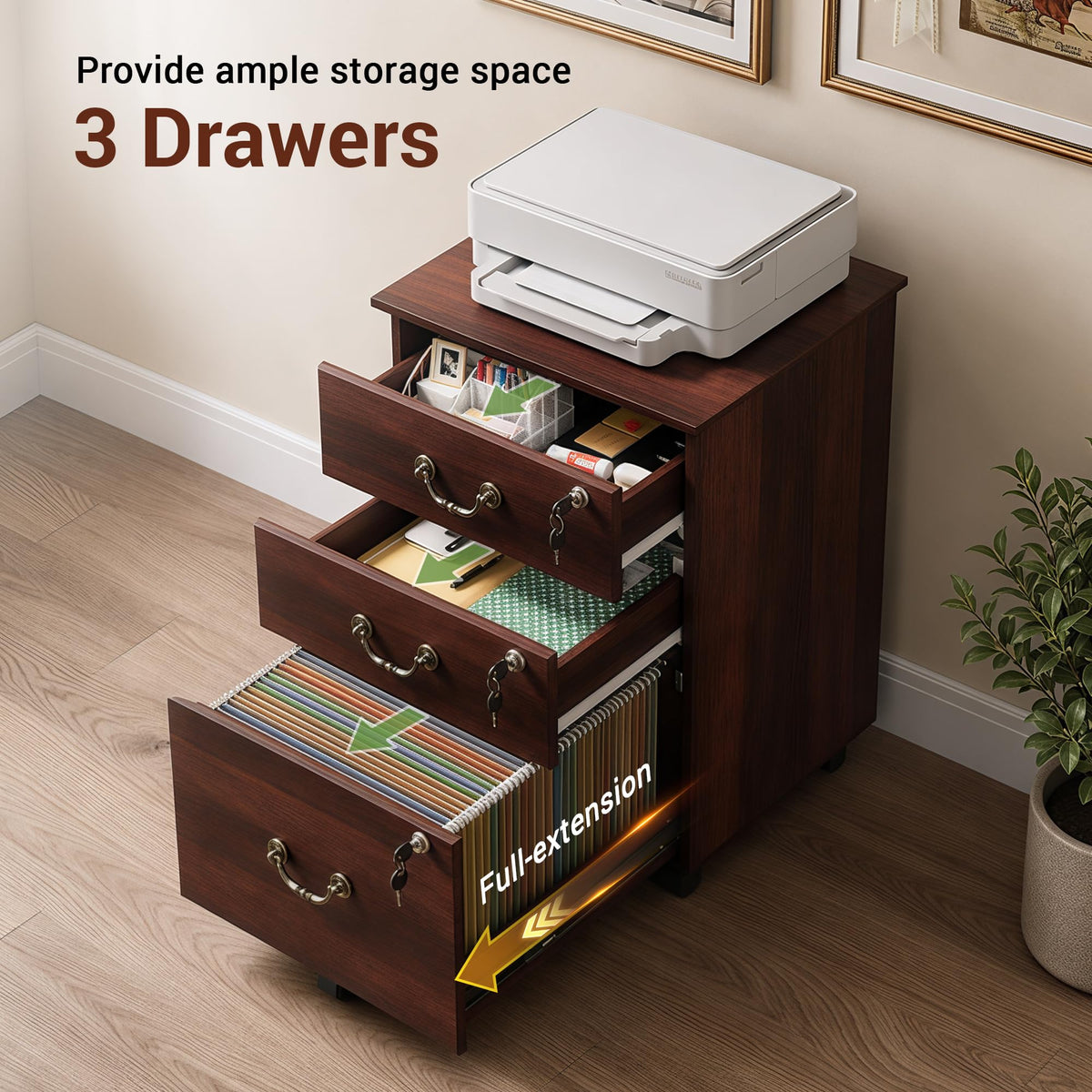 3 Drawer Wood File Cabinet with Lock F9516