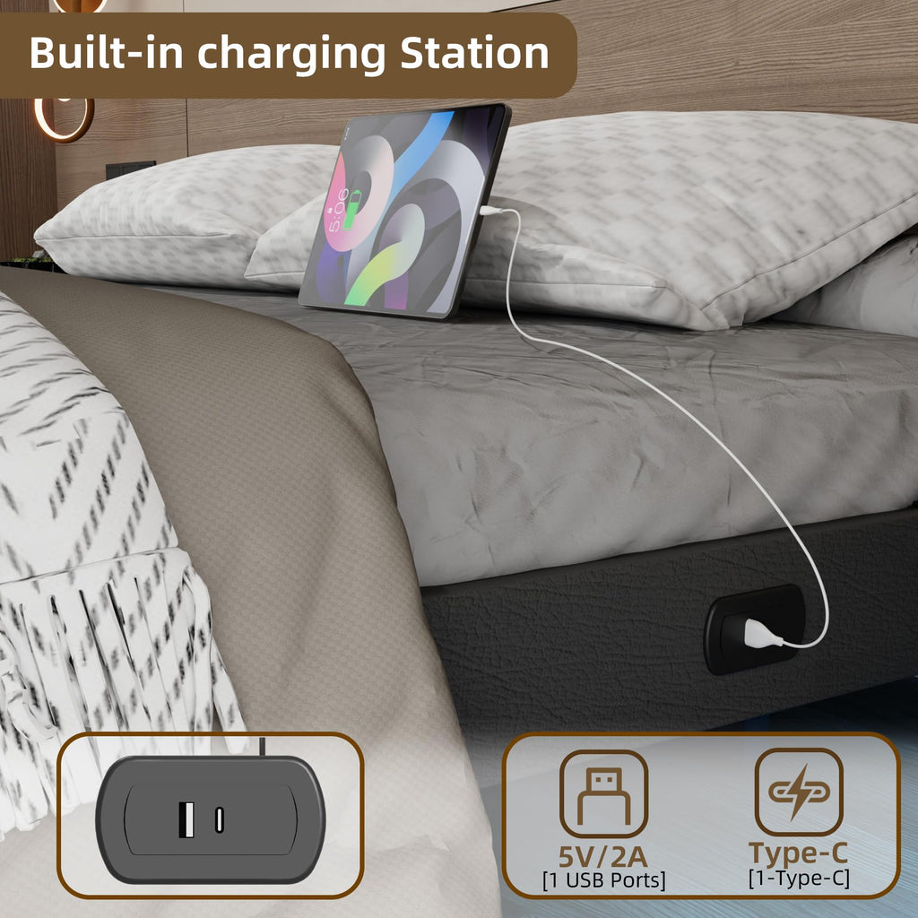 Black Floating Upholstered Platform Bed Frame Full Size with LED Lights and Charging Station N6280