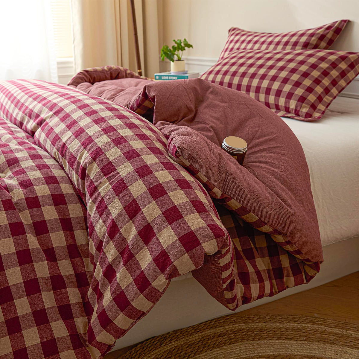 Cotton Plaid King Comforter Set 3 Pieces with 2 Pillow Shams D6125