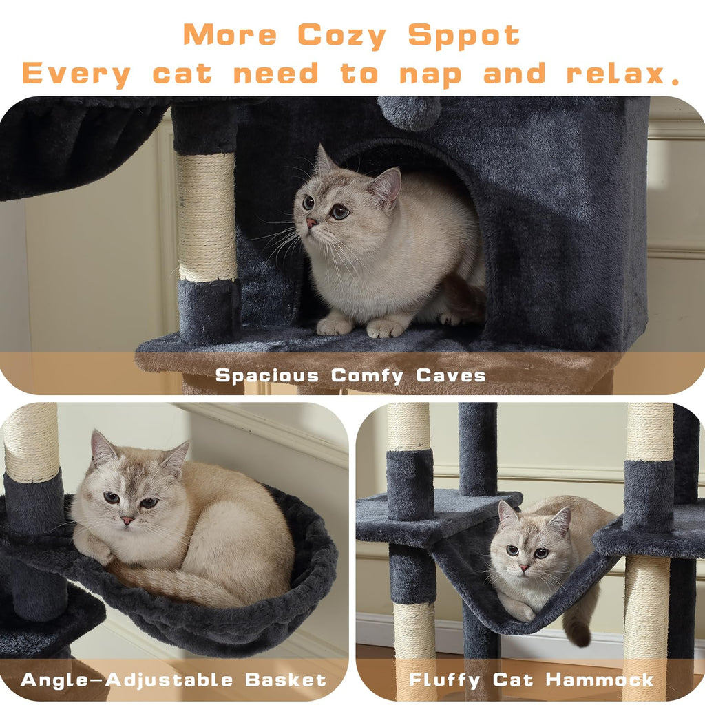 70-Inch Large Cat Tree Tower with Hammock, Scratching Post, Condo, Dark Gray A1728