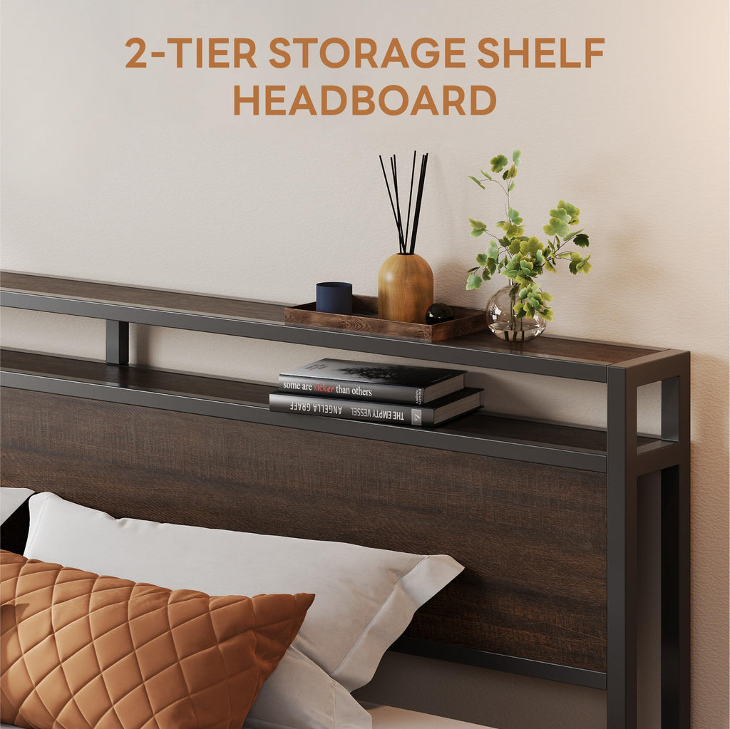 California King Bed Frames with Storage Shelf Headboard J30085