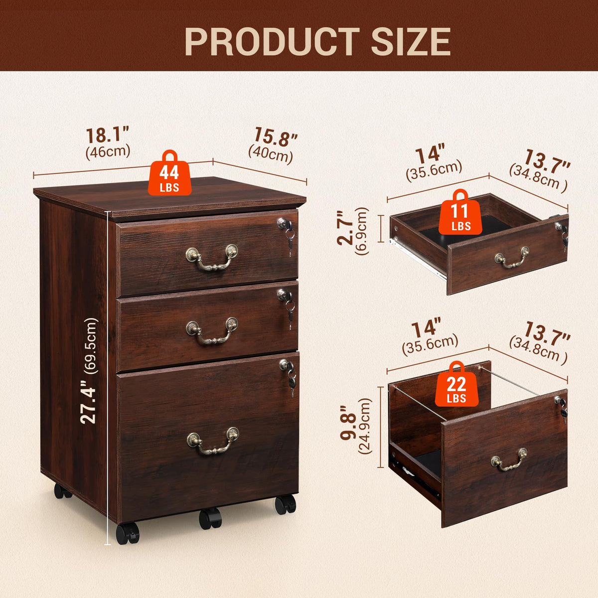 3 Drawer Wood File Cabinet with Lock F9516