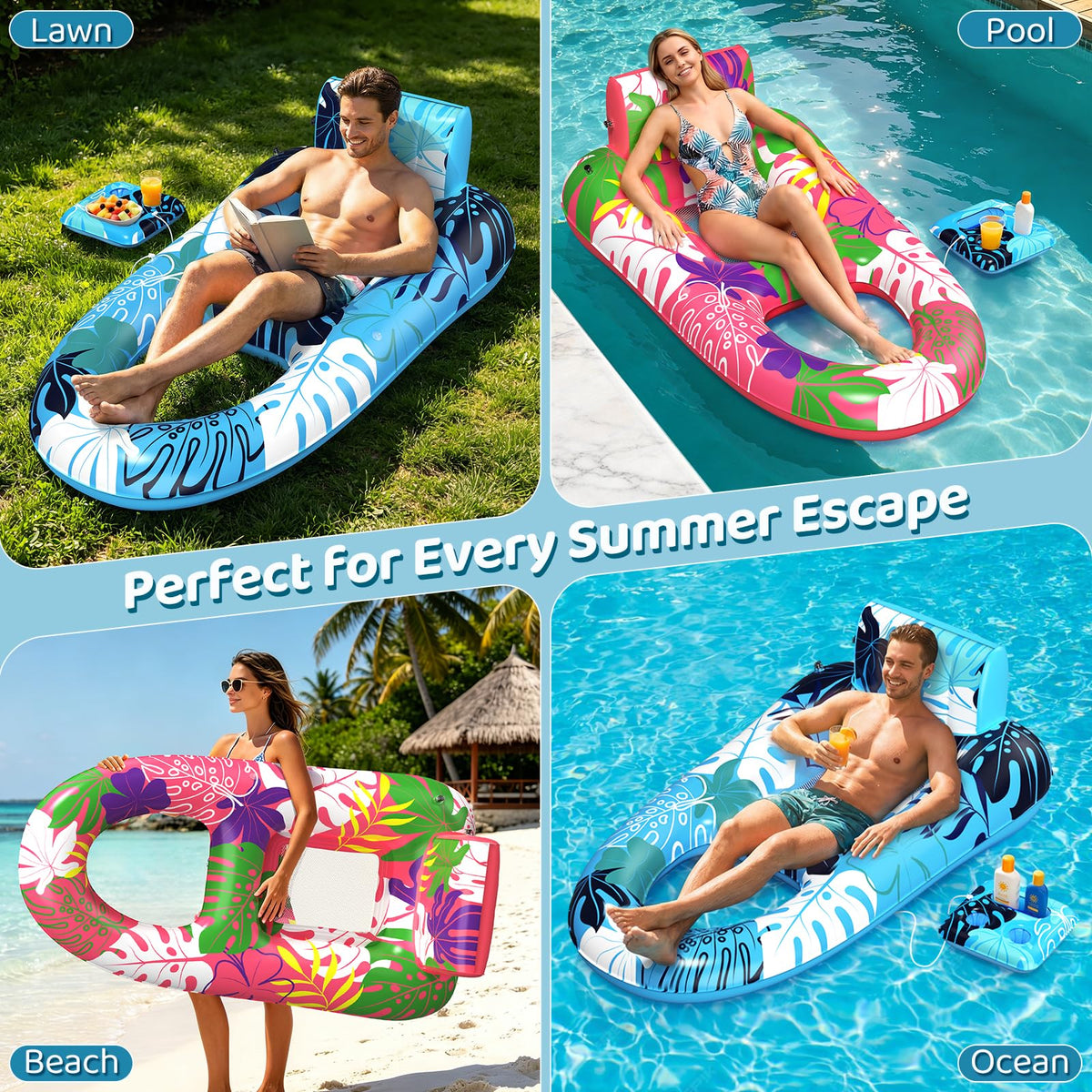 2 Pack Inflatable Pool Floats with Cup Holders J1437