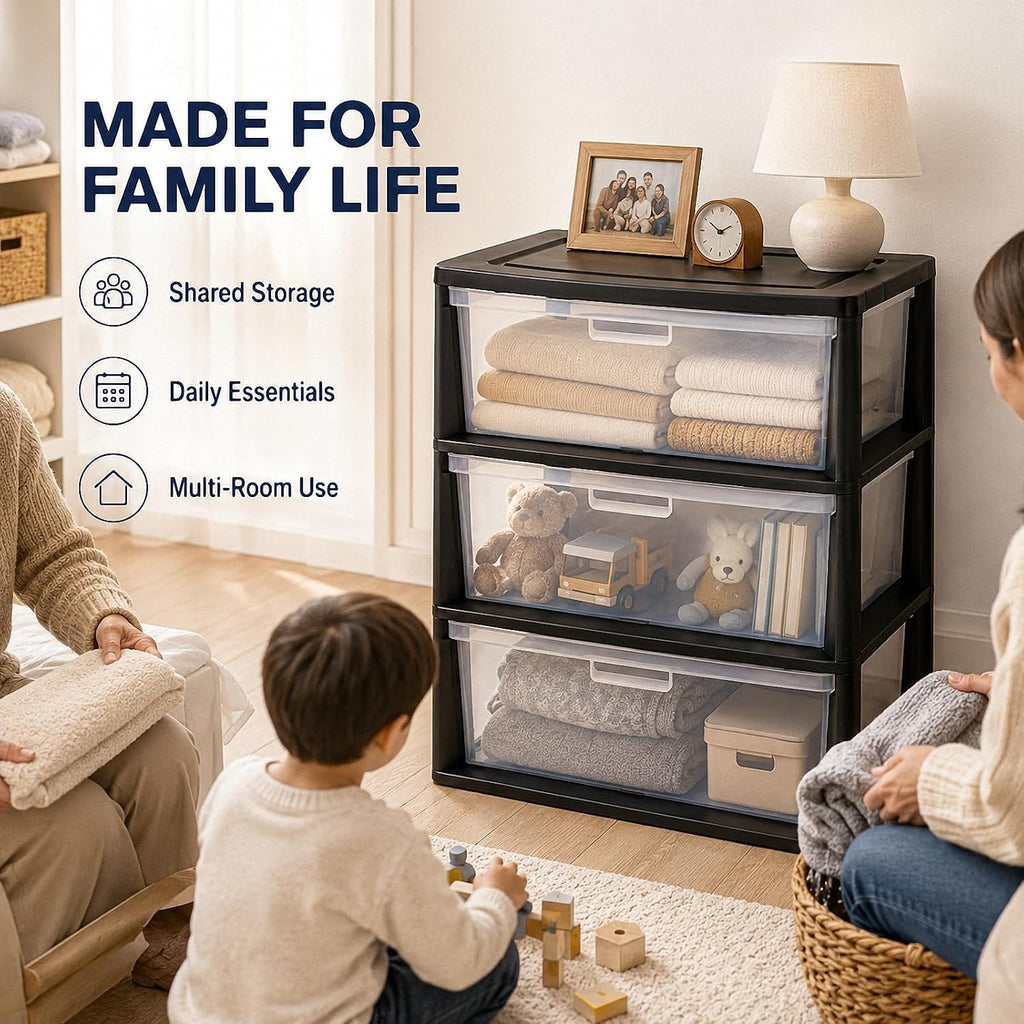 Black 3 Drawer Plastic Storage Tower X3900