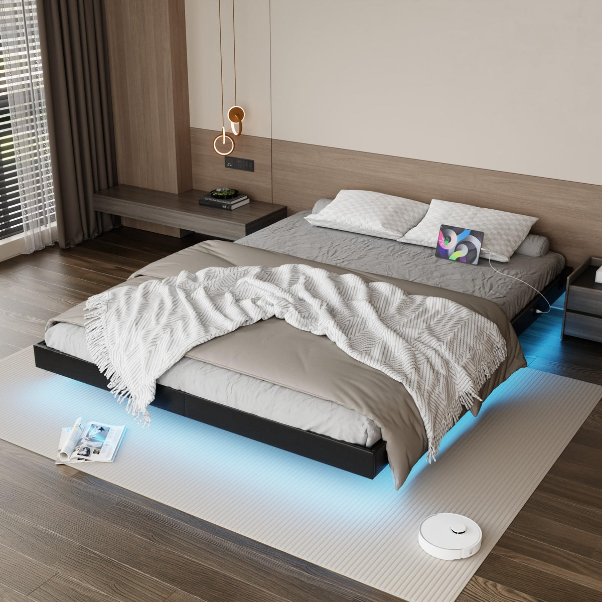 Black Floating Upholstered Platform Bed Frame Full Size with LED Lights and Charging Station N6280
