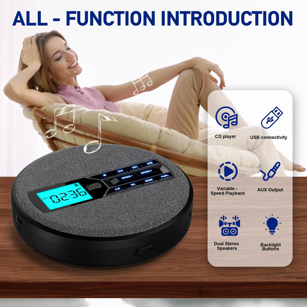 Portable Rechargeable CD Player with Dual Speakers, Black S6587