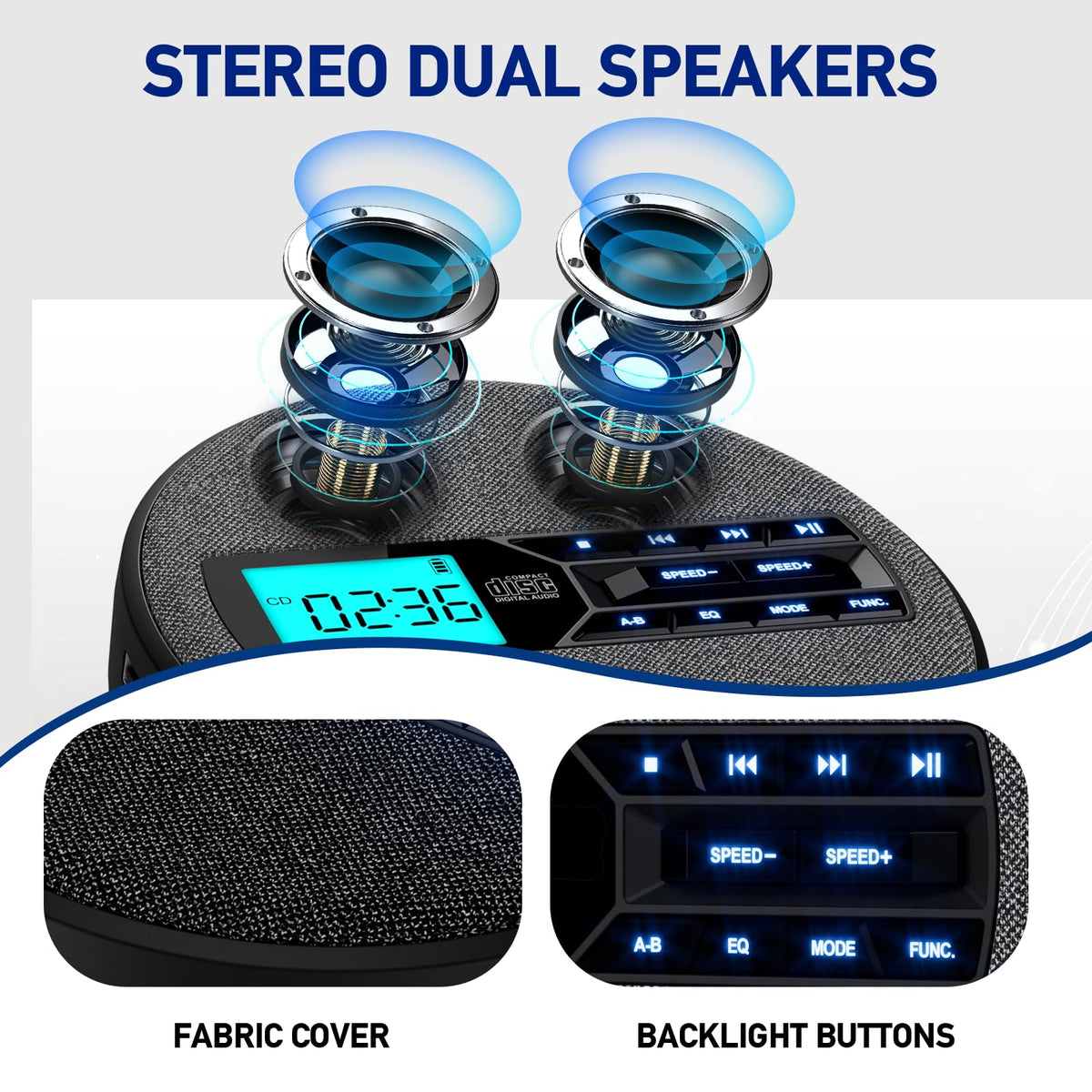 Portable Rechargeable CD Player with Dual Speakers, Black S6587