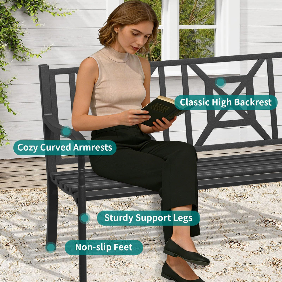 50.5" Metal Patio Bench with Lattice Backrest J6919